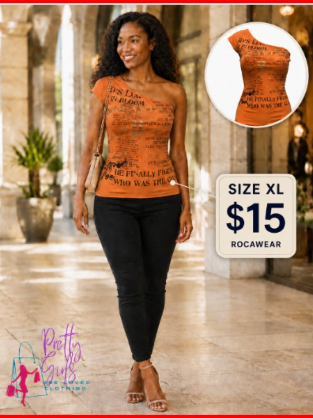 One Shoulder Orange with Gold & Black Printed Top